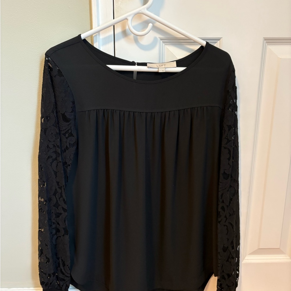 LOFT Elegant Black Blouse with Lace Sleeves